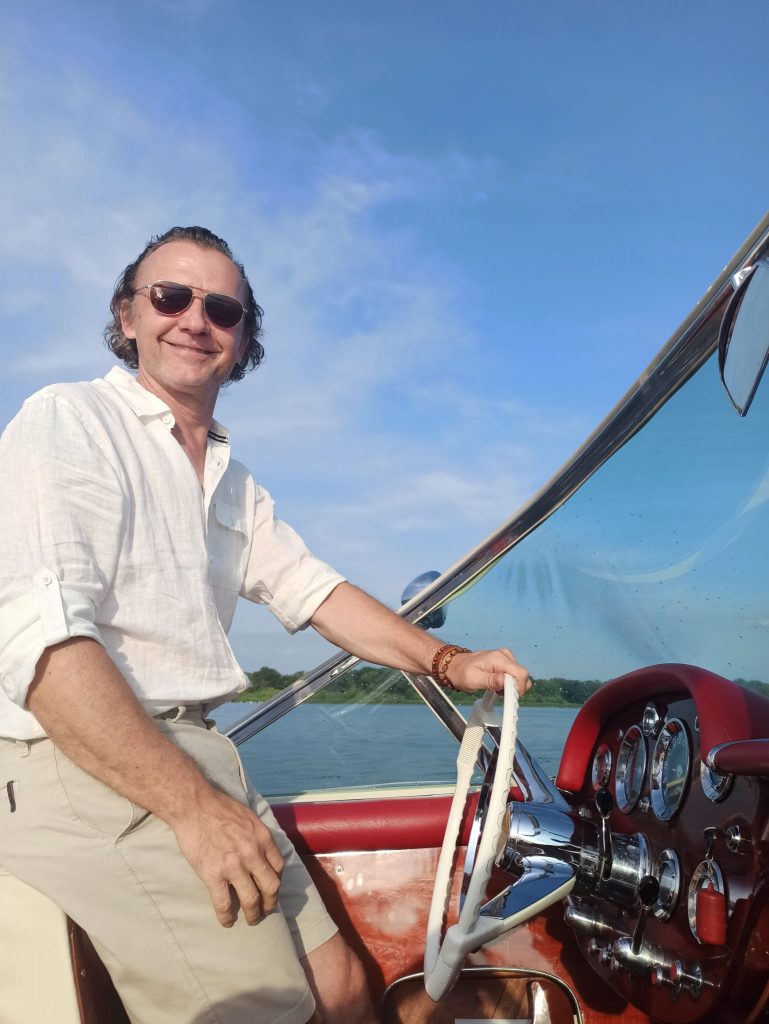Sascha Melein at a classic motorboat
